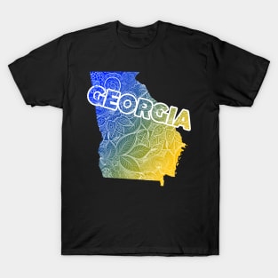 Colorful mandala art map of Georgia with text in blue and yellow T-Shirt